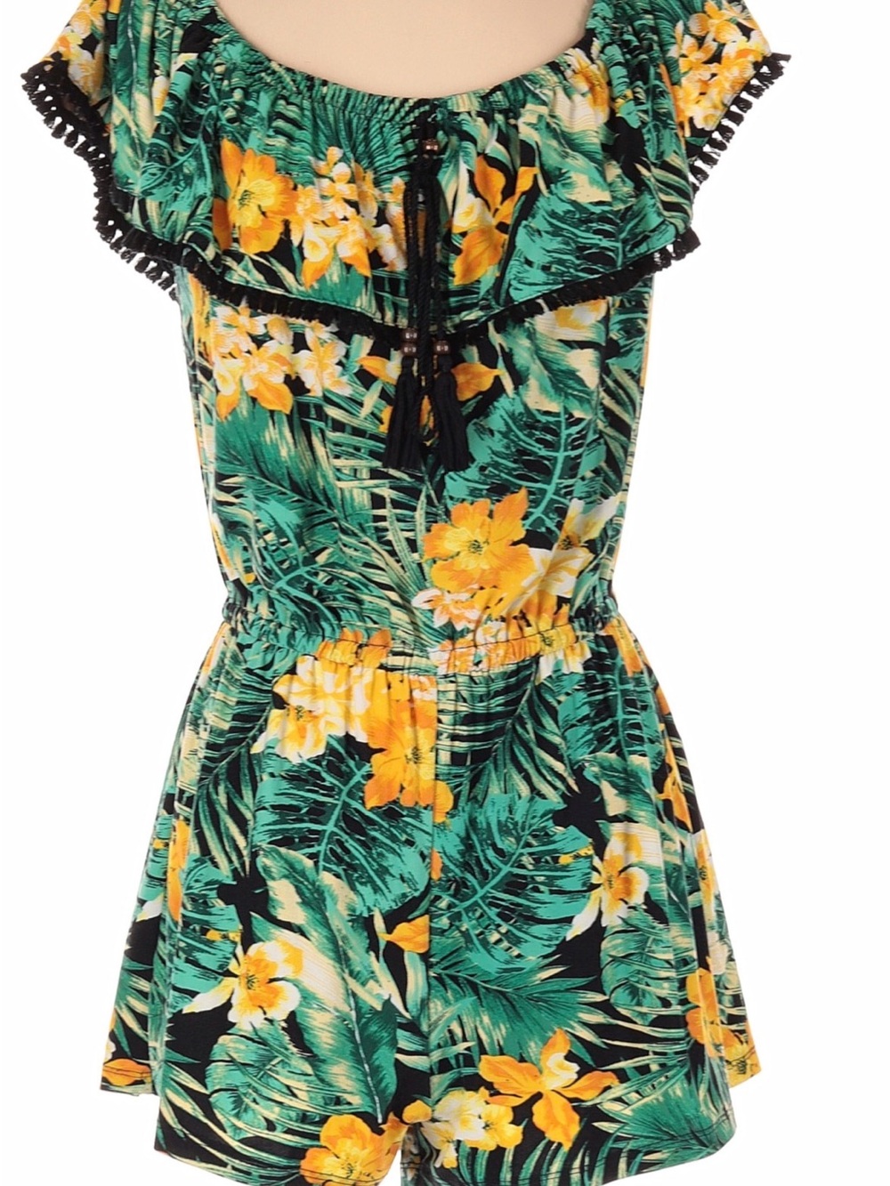 Derek Heart Green Tropical Floral Off-Shoulder Romper with Yellow Flowers